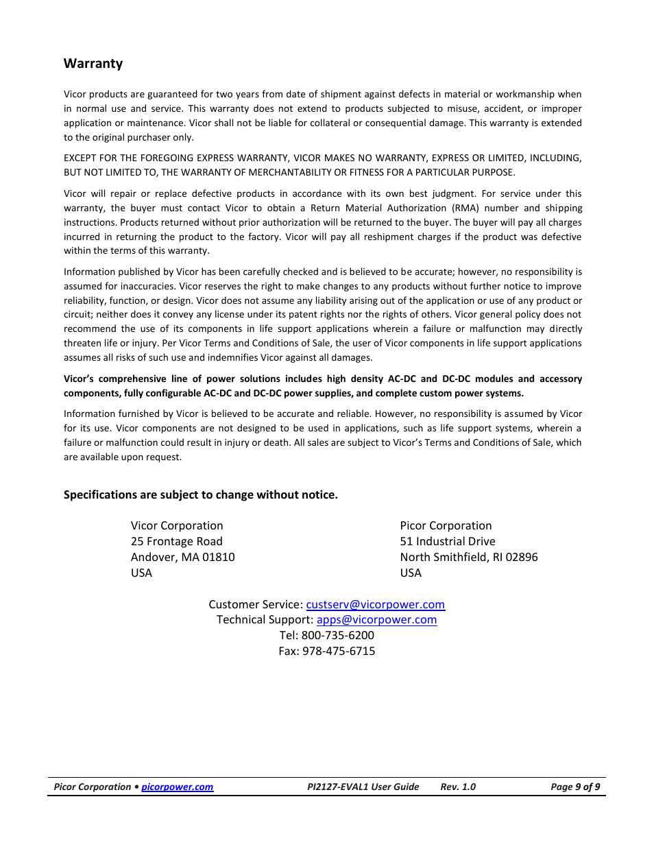 Warranty | Vicor PI2127-EVAL1 60V/12A Full-Function High Side Active ORing Evaluation Board User Manual | Page 9 / 9