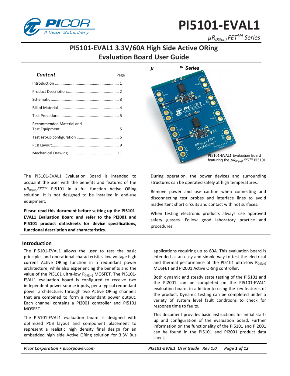 Vicor PI5101-EVAL1 3.3V/60A High Side Active ORing Evaluation Board User Manual | 12 pages