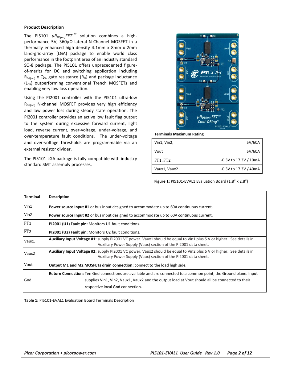 Product description | Vicor PI5101-EVAL1 3.3V/60A High Side Active ORing Evaluation Board User Manual | Page 2 / 12