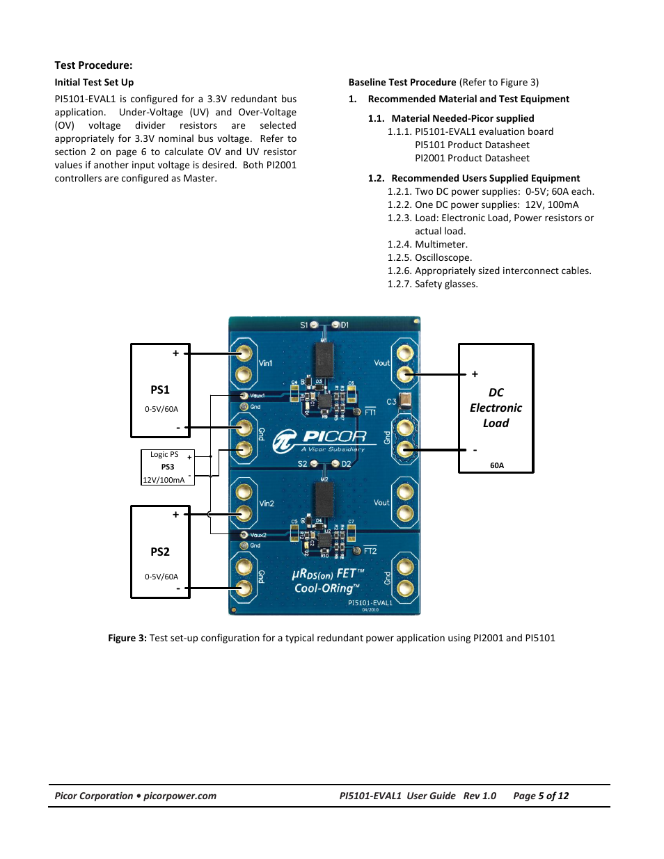 Test procedure, Recommended material and test equipment, Test set-up configuration | Vicor PI5101-EVAL1 3.3V/60A High Side Active ORing Evaluation Board User Manual | Page 5 / 12