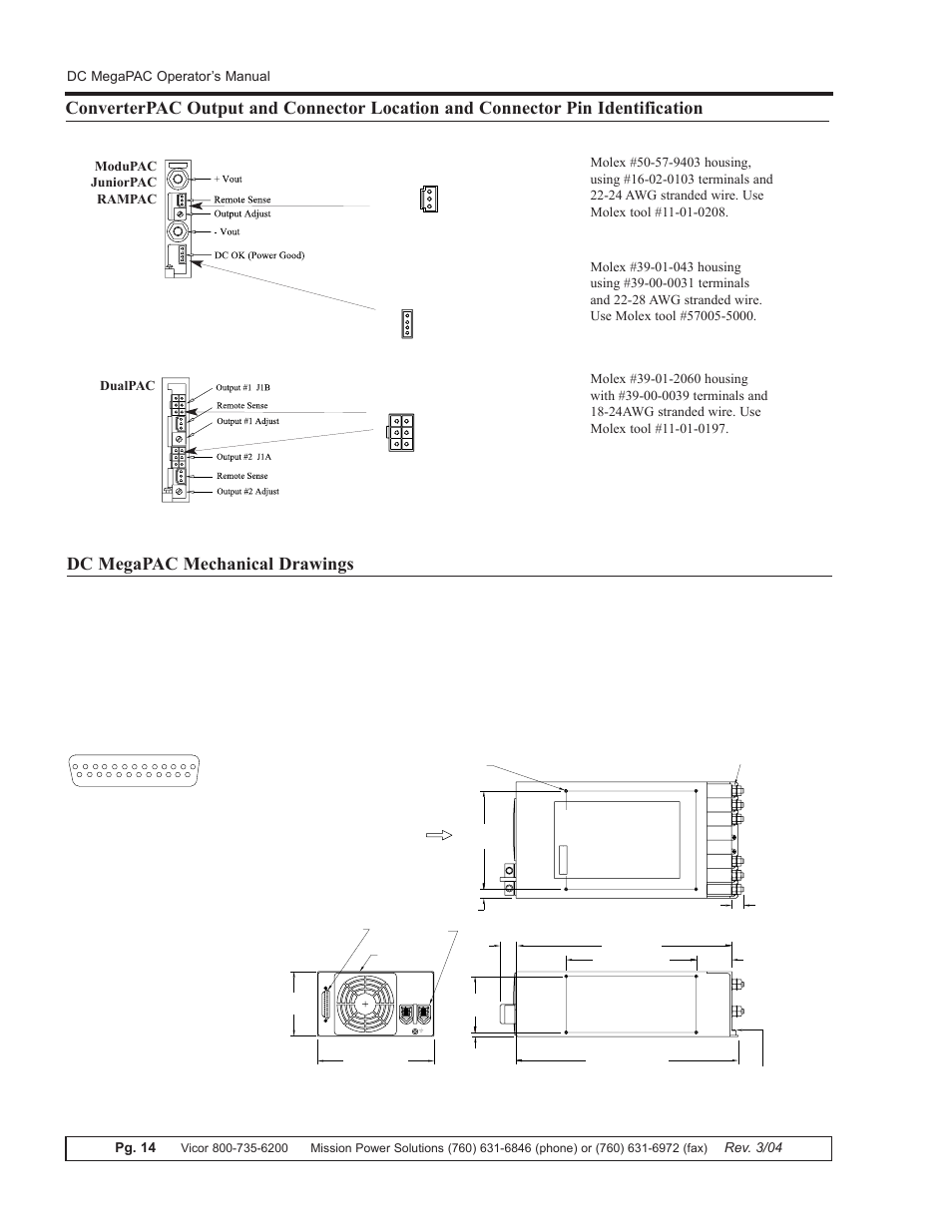 Dc megapac mechanical drawings, Pg. 14, Rev. 3/04 dc megapac operator’s manual | Modupac juniorpac rampac dualpac | Vicor DC MegaPAC DC-DC Switcher User Manual | Page 14 / 18