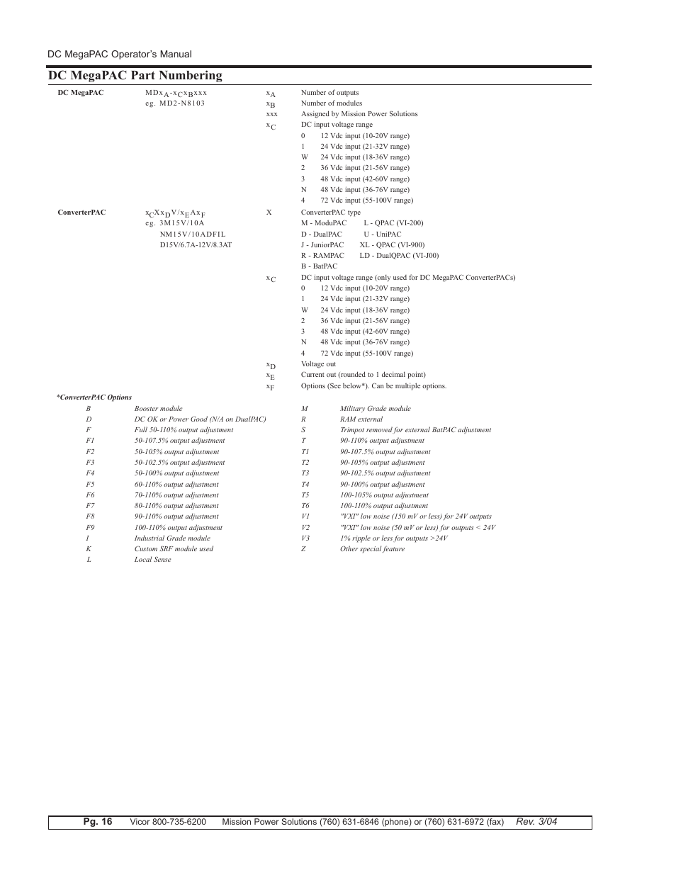 Dc megapac part numbering | Vicor DC MegaPAC DC-DC Switcher User Manual | Page 16 / 18