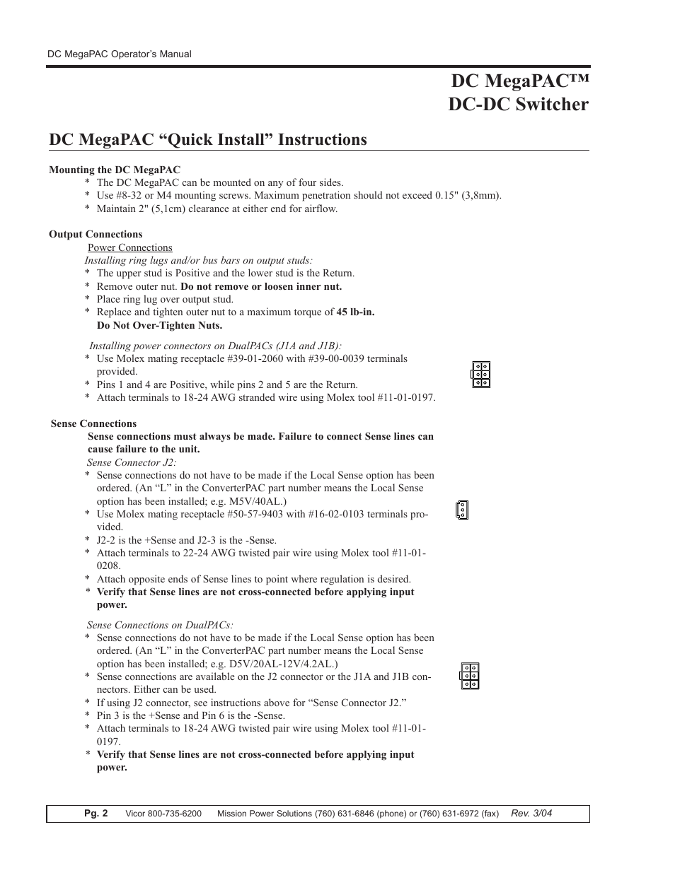 Dc megapac™ dc-dc switcher, Dc megapac “quick install” instructions | Vicor DC MegaPAC DC-DC Switcher User Manual | Page 2 / 18