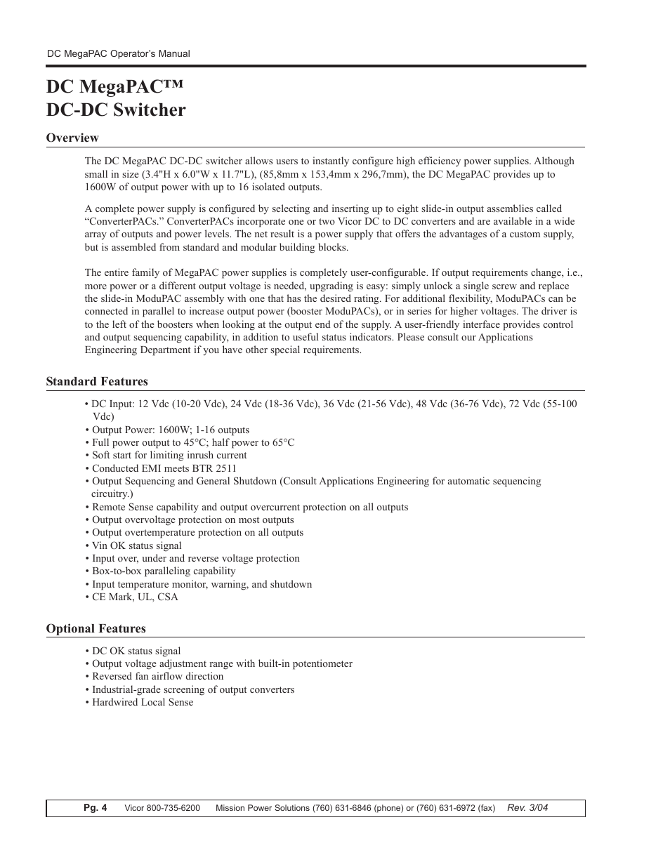 Dc megapac™ dc-dc switcher | Vicor DC MegaPAC DC-DC Switcher User Manual | Page 4 / 18