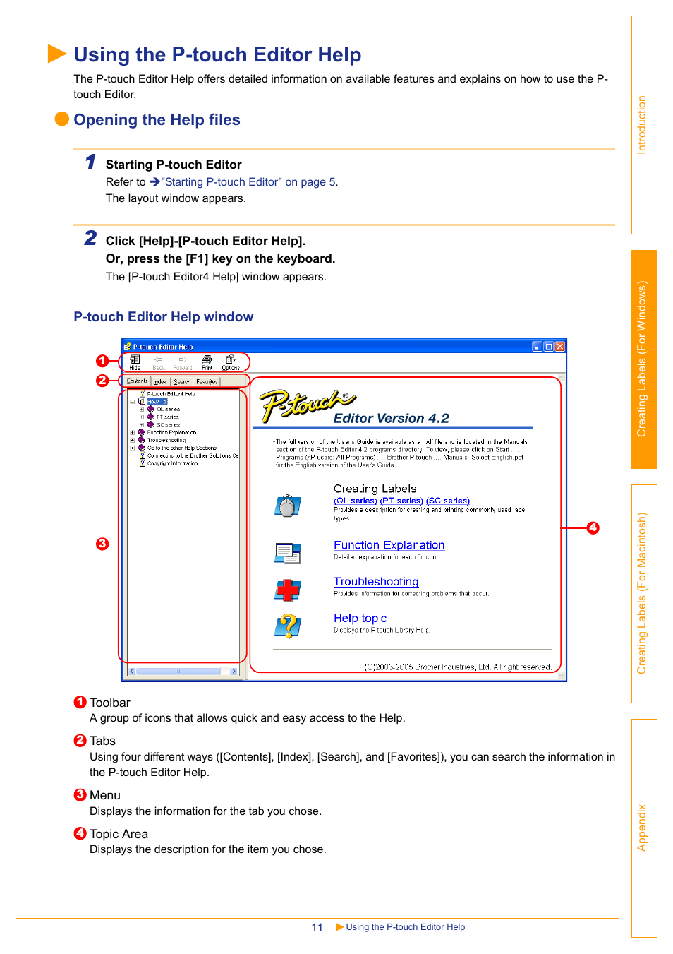 Using the p-touch editor help, Opening the help files | Brother QL-650TD User Manual | Page 11 / 65