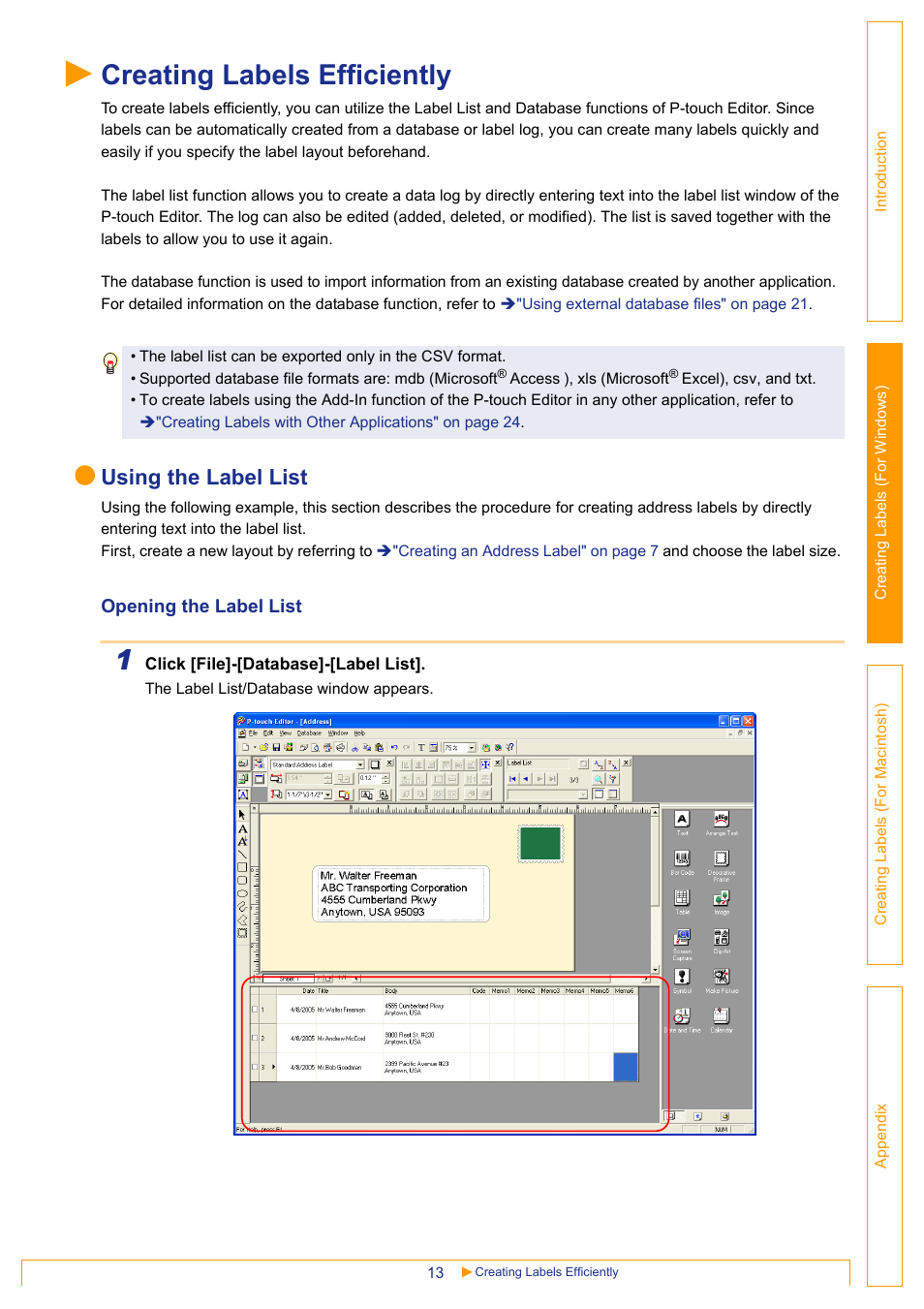 Creating labels efficiently, Using the label list, Opening the label list | Brother QL-650TD User Manual | Page 13 / 65