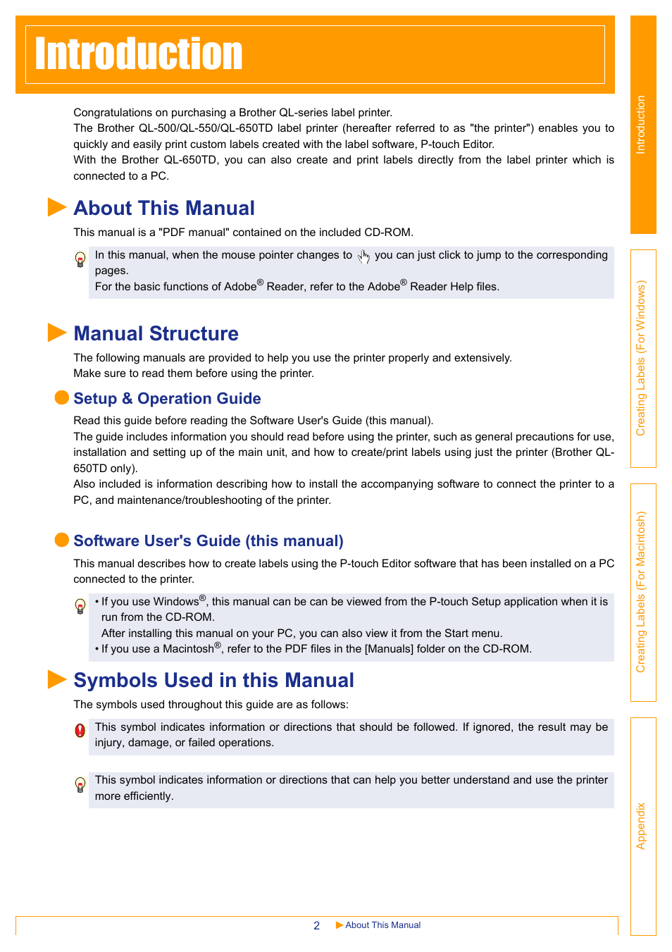 Introduction, About this manual, Manual structure | Symbols used in this manual, Introduc, Tion, Setup & operation guide, Software user's guide (this manual) | Brother QL-650TD User Manual | Page 2 / 65