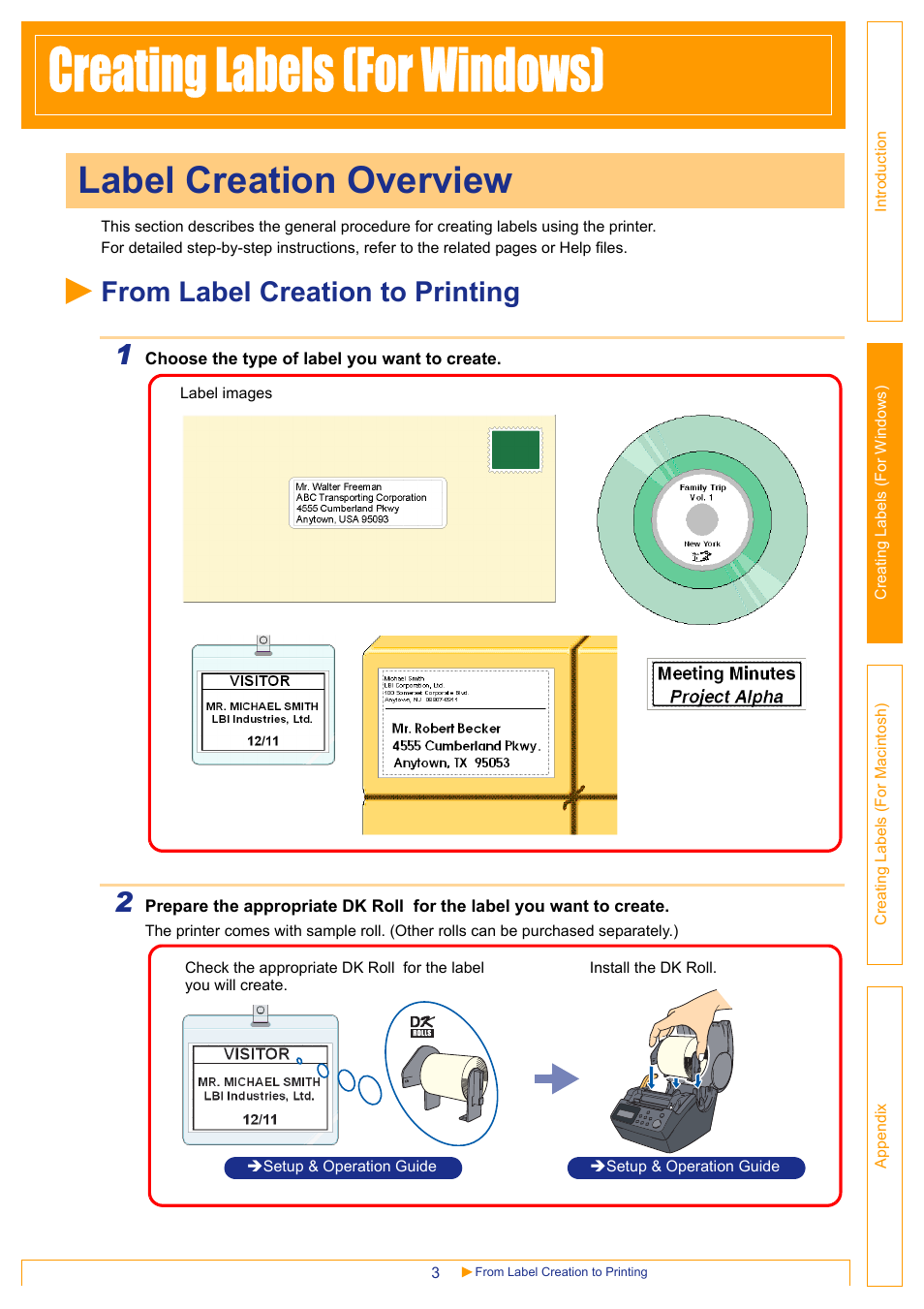Creating labels (for windows), Label creation overview, From label creation to printing | Crea, Ting la, Ls (f, Wind, Ows) | Brother QL-650TD User Manual | Page 3 / 65