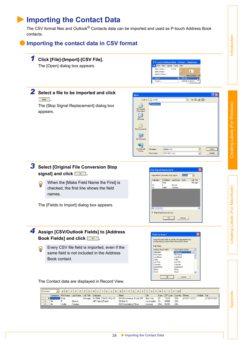 Importing the contact data, Importing the contact data in csv format | Brother QL-650TD User Manual | Page 34 / 65