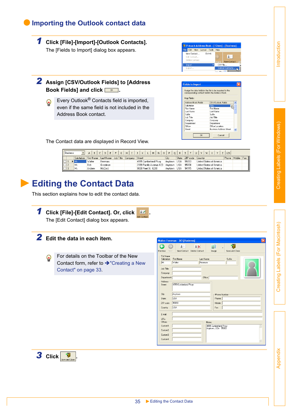 Editing the contact data, Importing the outlook contact data | Brother QL-650TD User Manual | Page 35 / 65