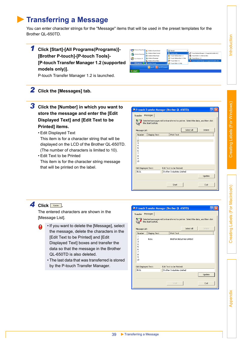 Transferring a message | Brother QL-650TD User Manual | Page 39 / 65