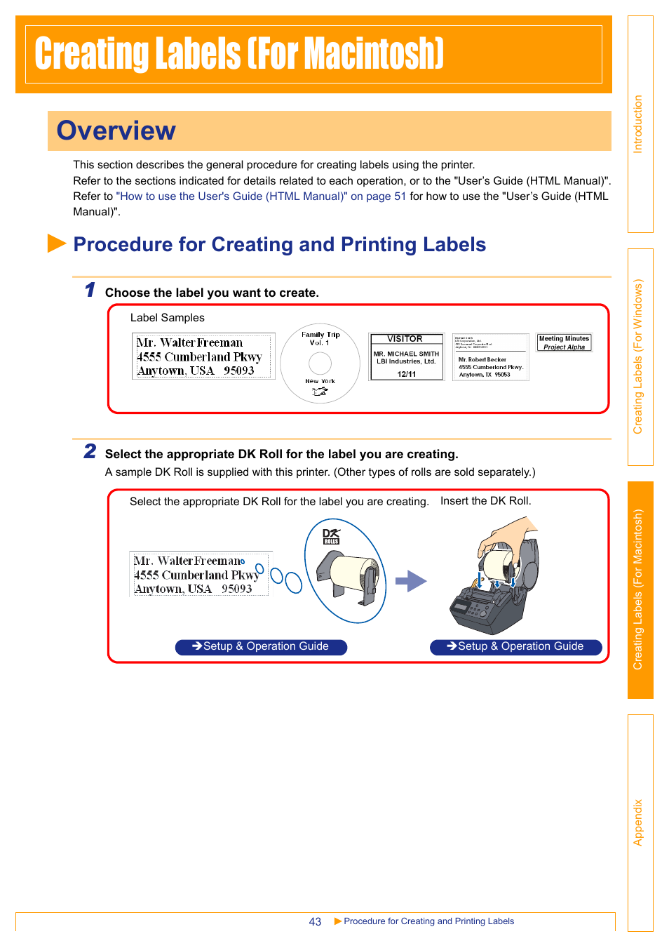 Creating labels (for macintosh), Overview, Procedure for creating and printing labels | Procedure for creating and printing labels 1 | Brother QL-650TD User Manual | Page 43 / 65