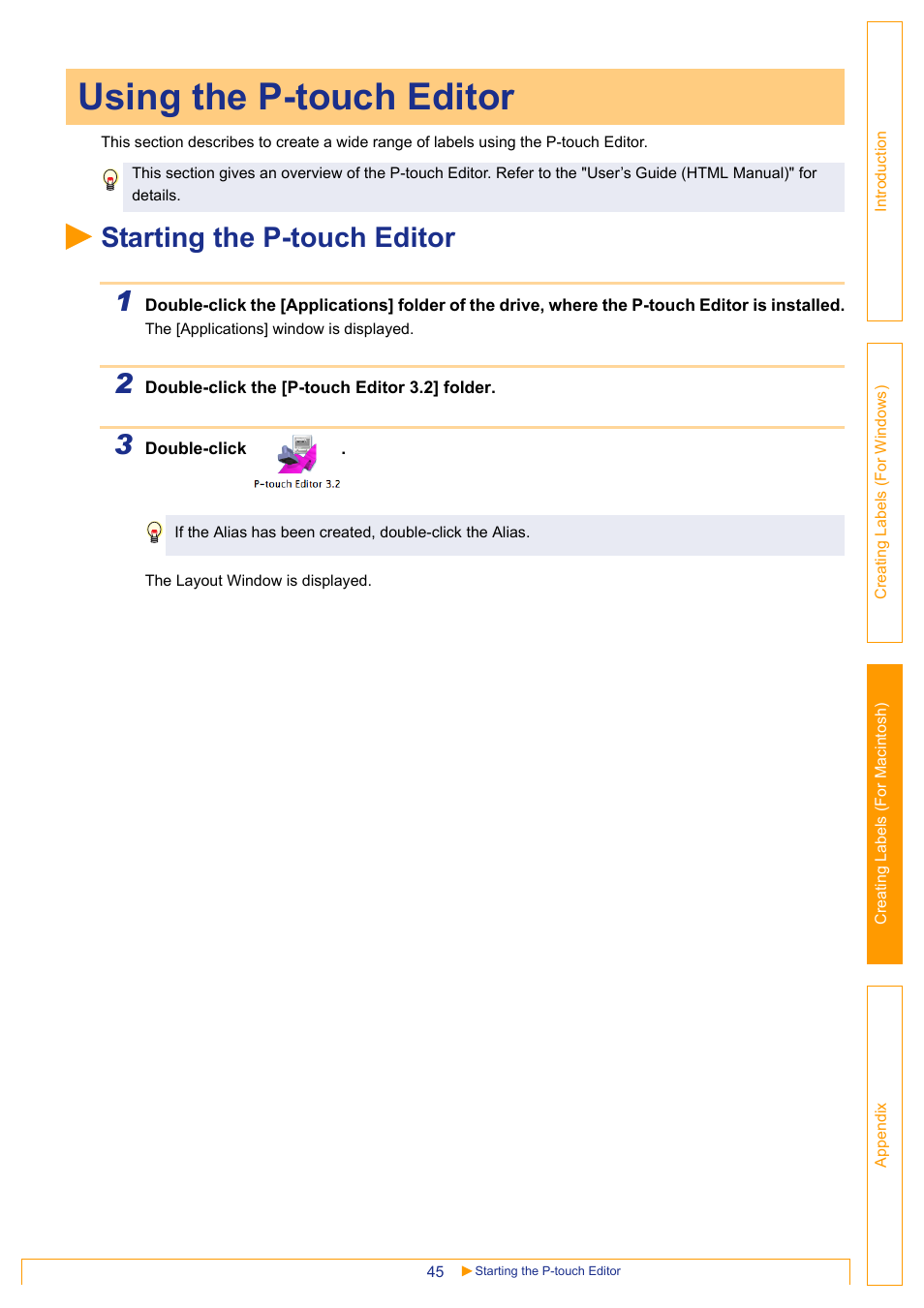 Using the p-touch editor, Starting the p-touch editor, Starting the p-touch editor 1 | Brother QL-650TD User Manual | Page 45 / 65