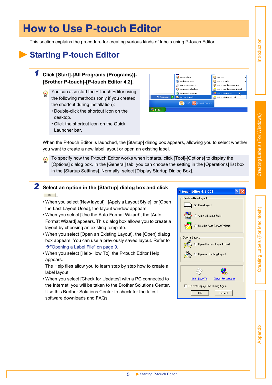How to use p-touch editor, Starting p-touch editor, Starting p-touch editor 1 | Brother QL-650TD User Manual | Page 5 / 65