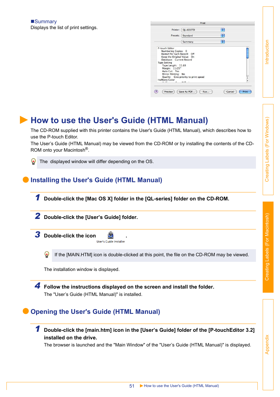 How to use the user's guide (html manual), Installing the user's guide (html manual), Opening the user's guide (html manual) | Brother QL-650TD User Manual | Page 51 / 65