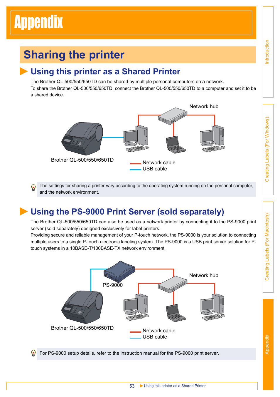 Appendix, Sharing the printer, Using this printer as a shared printer | Using the ps-9000 print server (sold separately) | Brother QL-650TD User Manual | Page 53 / 65