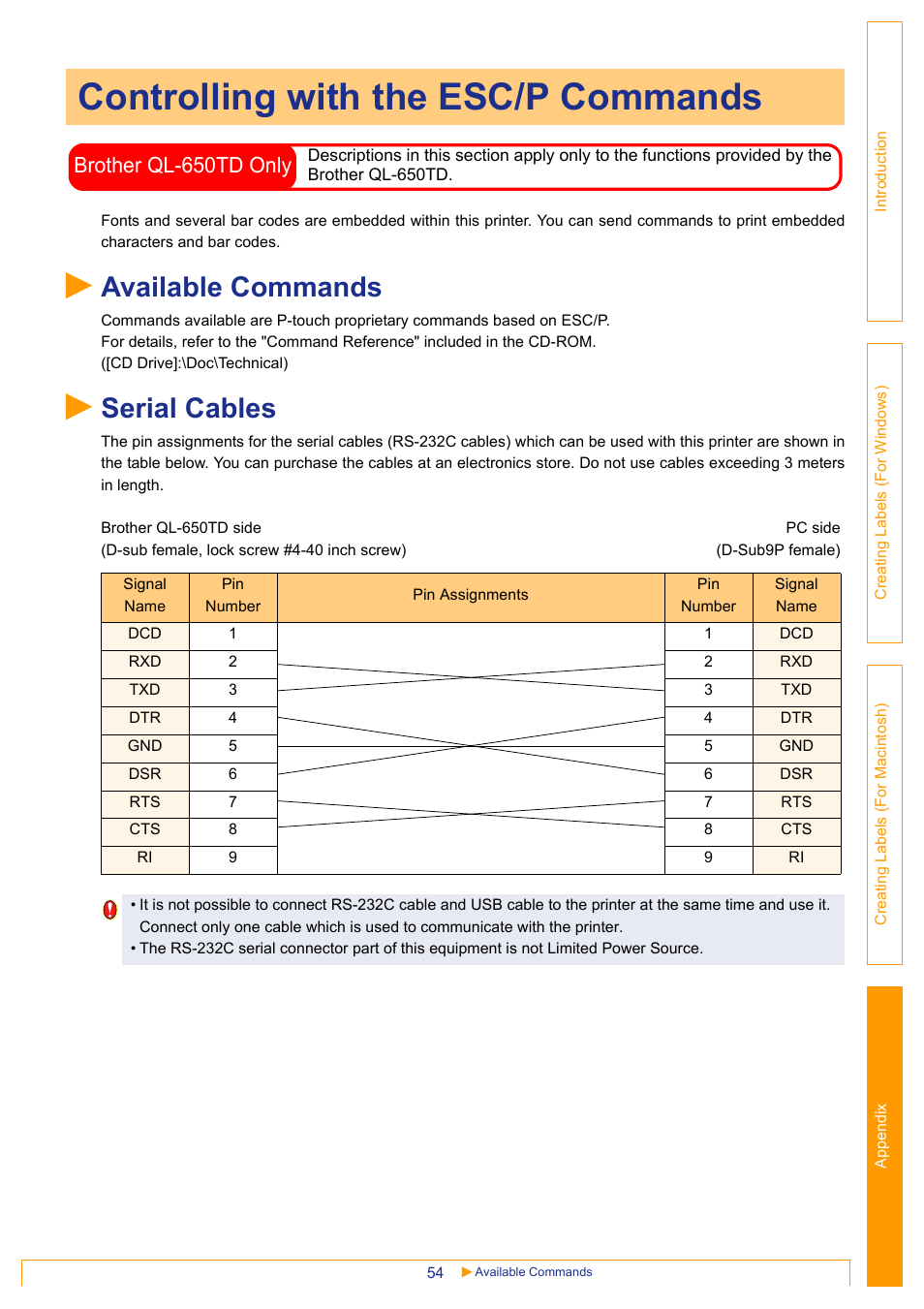 Controlling with the esc/p commands, Available commands, Serial cables | Brother ql-650td only | Brother QL-650TD User Manual | Page 54 / 65
