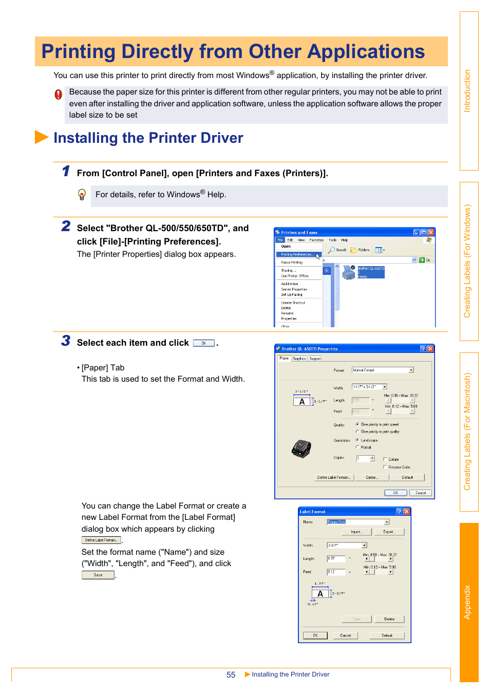 Printing directly from other applications, Installing the printer driver, Installing the printer driver 1 | Brother QL-650TD User Manual | Page 55 / 65