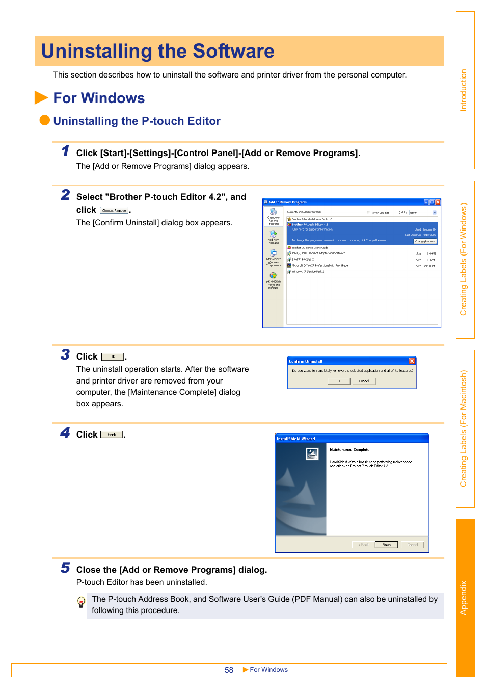 Uninstalling the software, For windows, Uninstalling the p-touch editor | Brother QL-650TD User Manual | Page 58 / 65