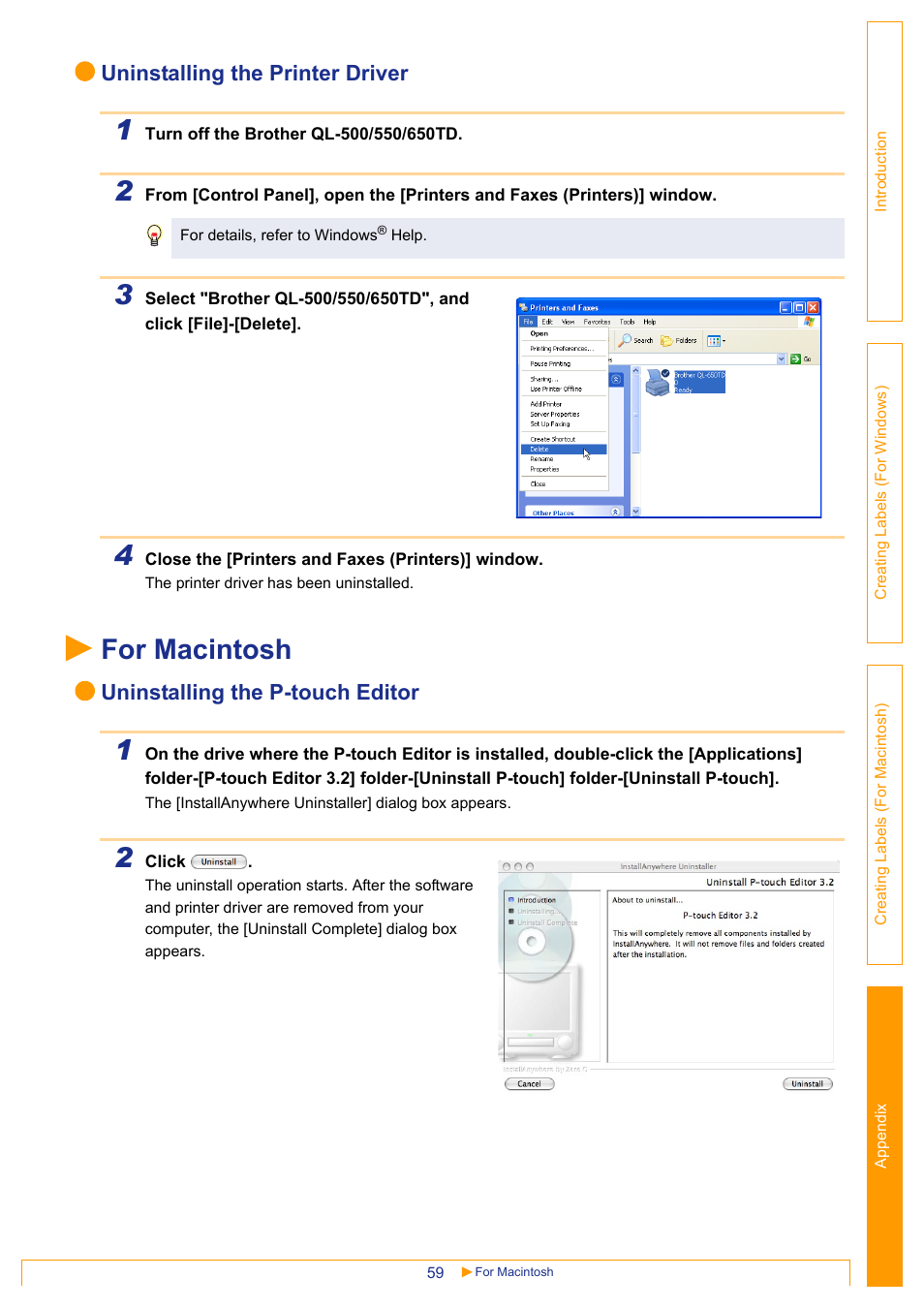 For macintosh, Uninstalling the printer driver, Uninstalling the p-touch editor | Brother QL-650TD User Manual | Page 59 / 65