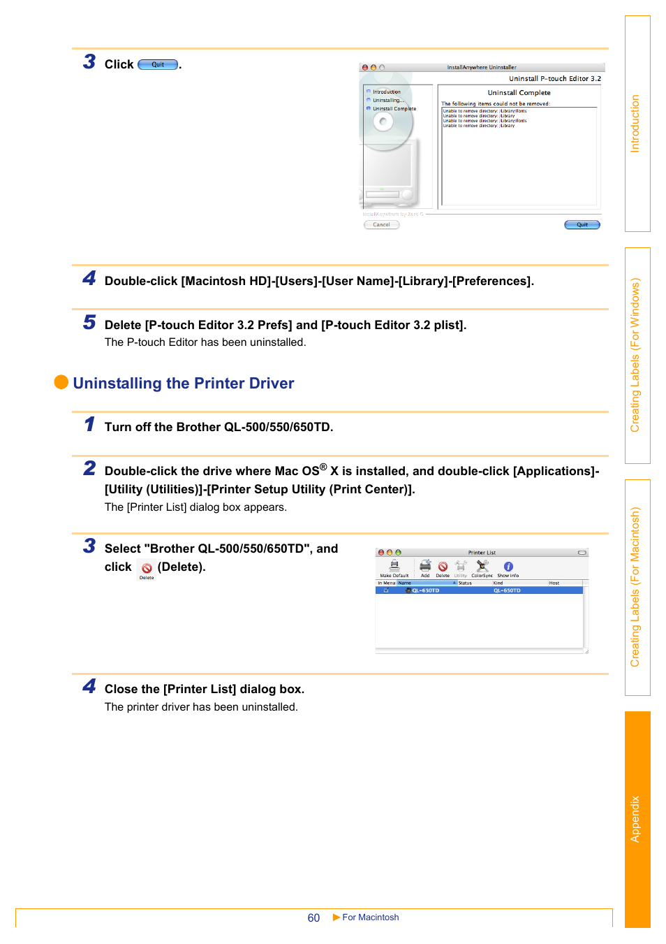 Uninstalling the printer driver | Brother QL-650TD User Manual | Page 60 / 65