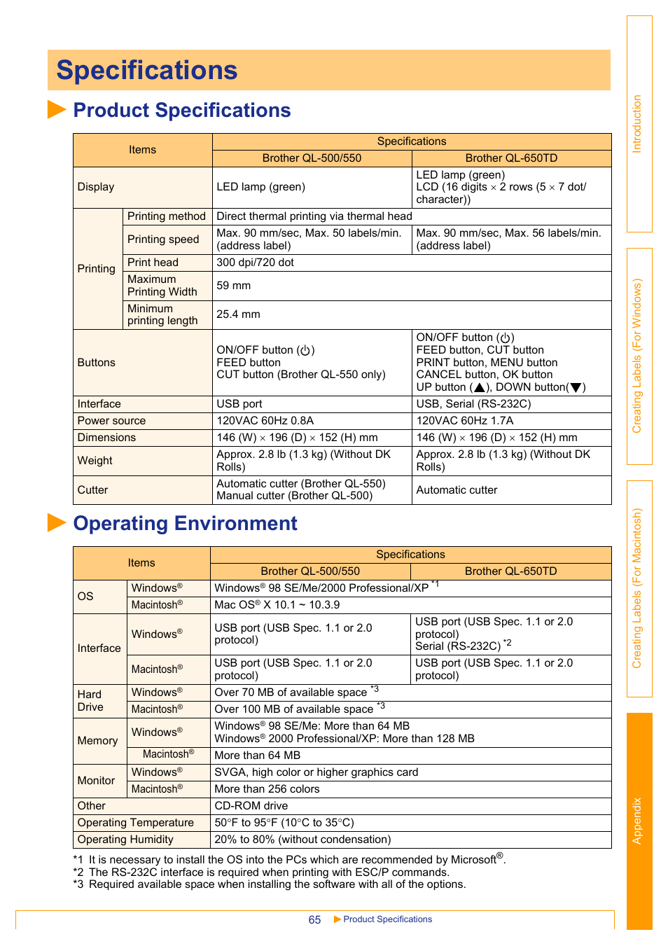 Specifications, Product specifications, Operating environment | Product specifications operating environment | Brother QL-650TD User Manual | Page 65 / 65