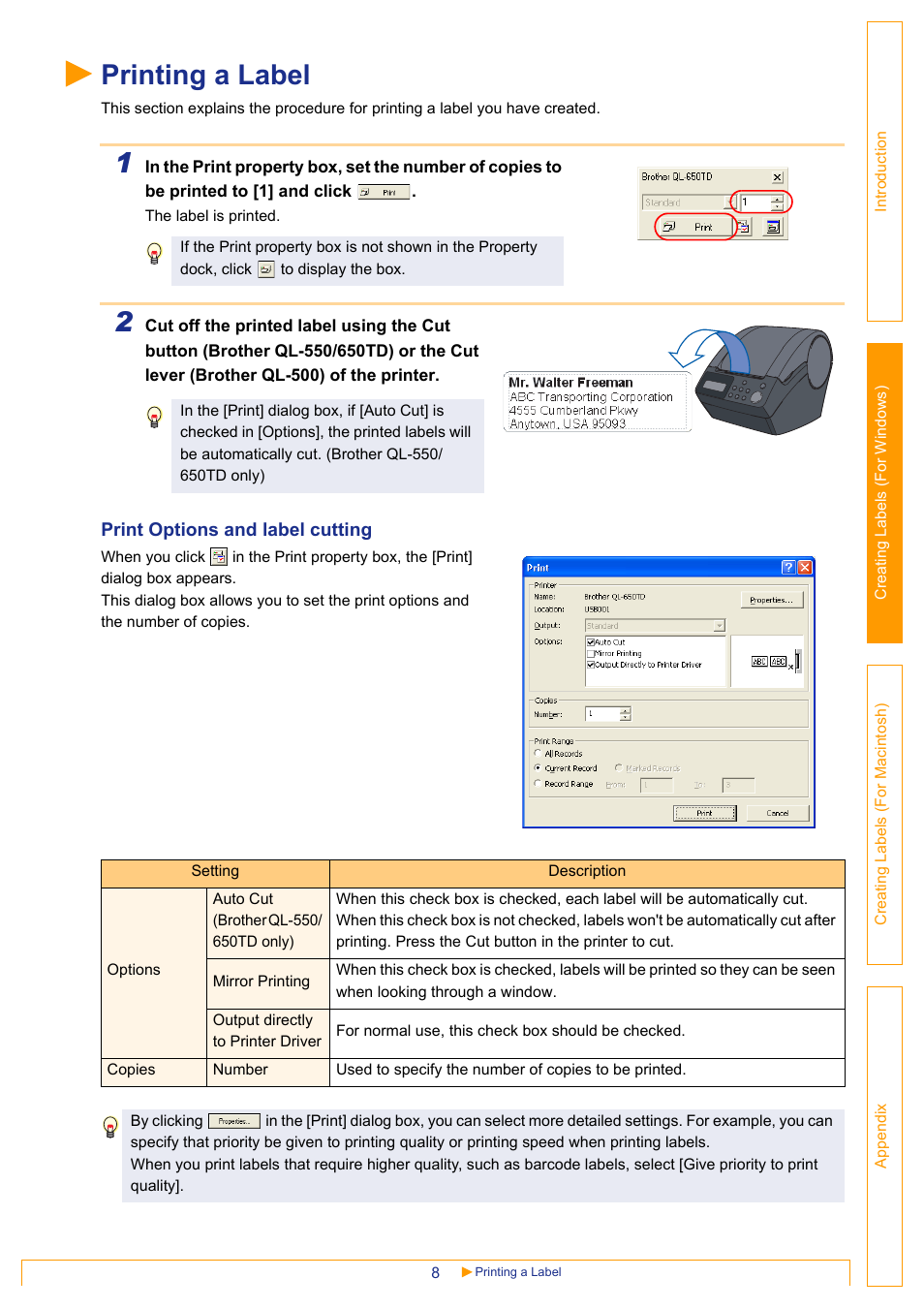 Printing a label | Brother QL-650TD User Manual | Page 8 / 65