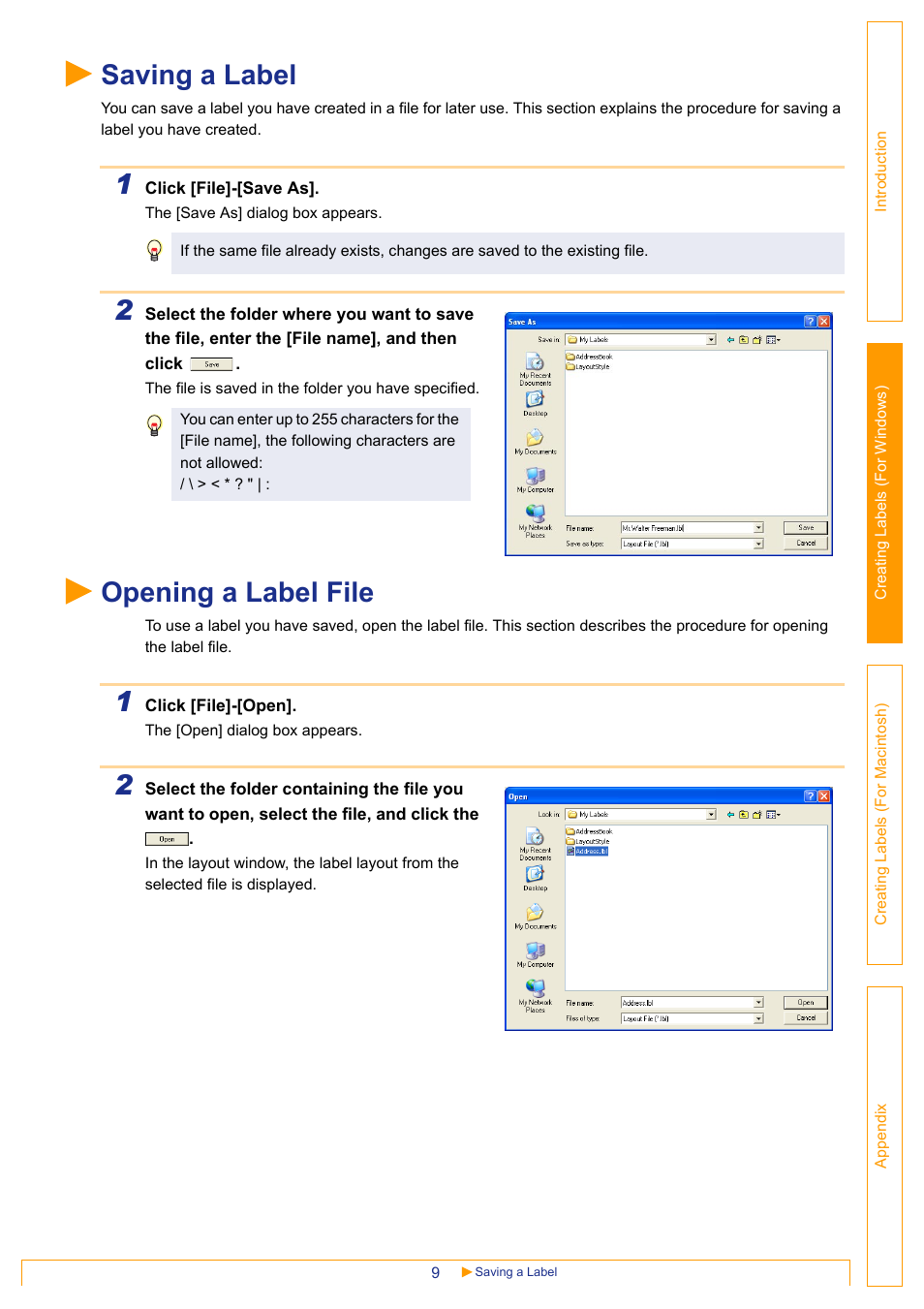 Saving a label, Opening a label file | Brother QL-650TD User Manual | Page 9 / 65