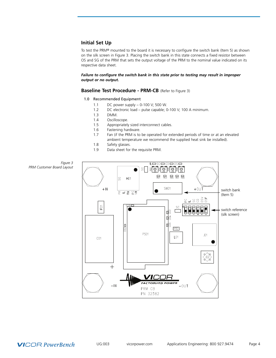 Initial set up, Baseline test procedure - prm-cb | Vicor VTM Customer Evaluation Boards User Manual | Page 4 / 9