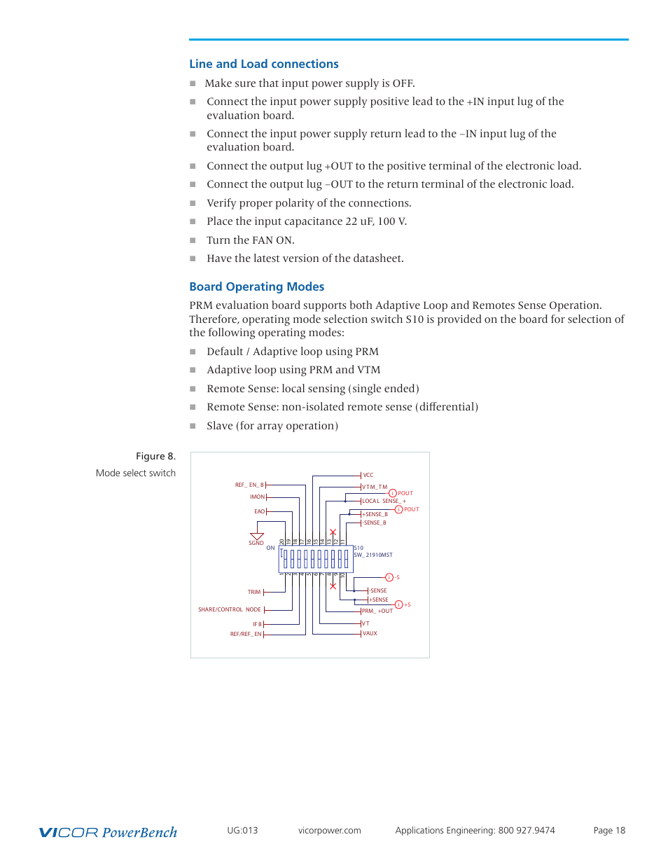 Board operating modes, Line and load connections | Vicor VI Chip PRM Evaluation Board User Manual | Page 18 / 27