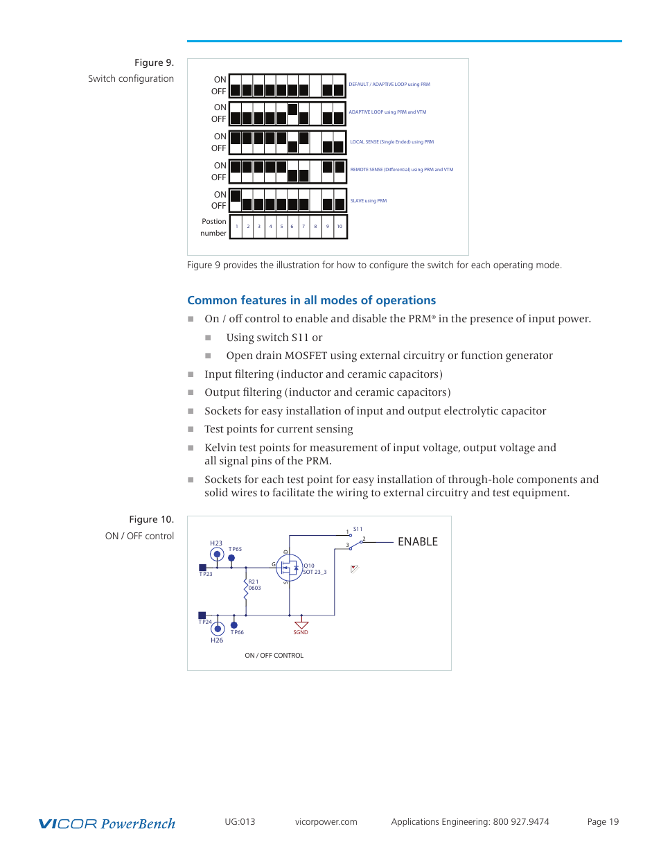 Common features, Common features in all modes of operations, Enable | On / off control to enable and disable the prm, Using switch s11 or, Input filtering (inductor and ceramic capacitors), Output filtering (inductor and ceramic capacitors), Test points for current sensing | Vicor VI Chip PRM Evaluation Board User Manual | Page 19 / 27