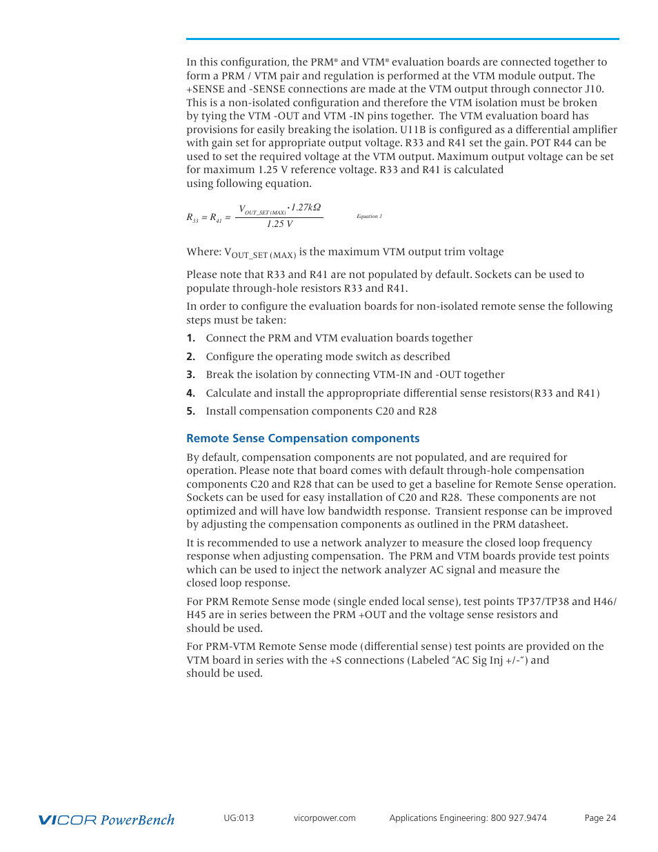 Trim and soft start, Adjustment, Remote sense compensation components | Vicor VI Chip PRM Evaluation Board User Manual | Page 24 / 27