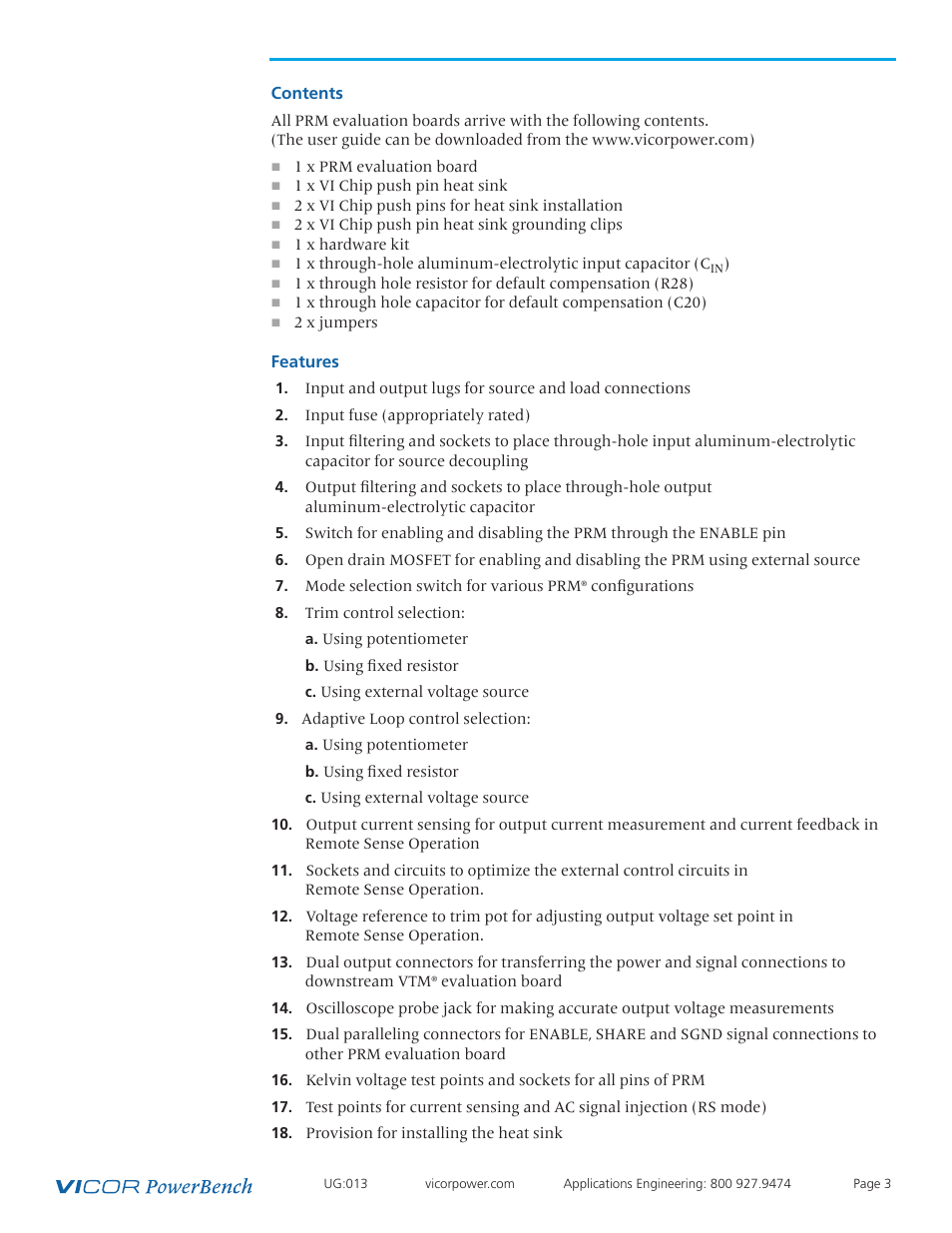 Contents 3, Features 3 | Vicor VI Chip PRM Evaluation Board User Manual | Page 3 / 27