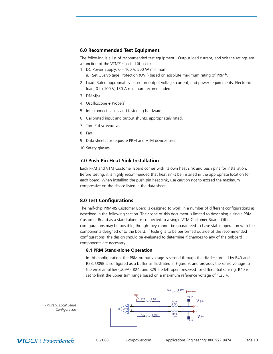 0 recommended test equipment, 0 push pin heat sink installation, 0 test configurations | Vicor Half-chip PRM-RS Customer Board User Manual | Page 10 / 19