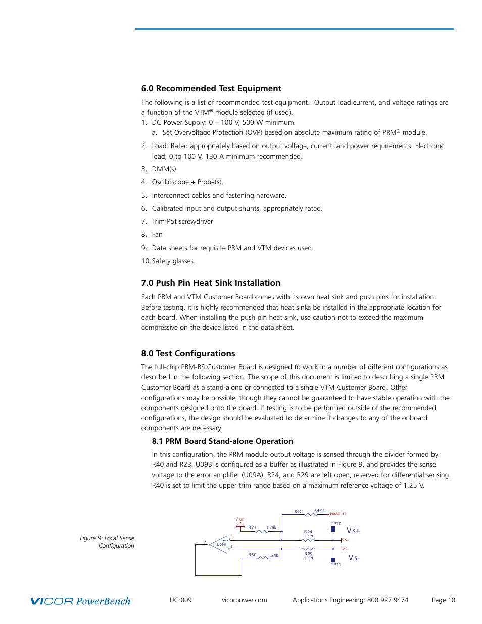 0 recommended test equipment, 0 push pin heat sink installation, 0 test configurations | Vicor Full-chip PRM-RS Customer Board User Manual | Page 10 / 19