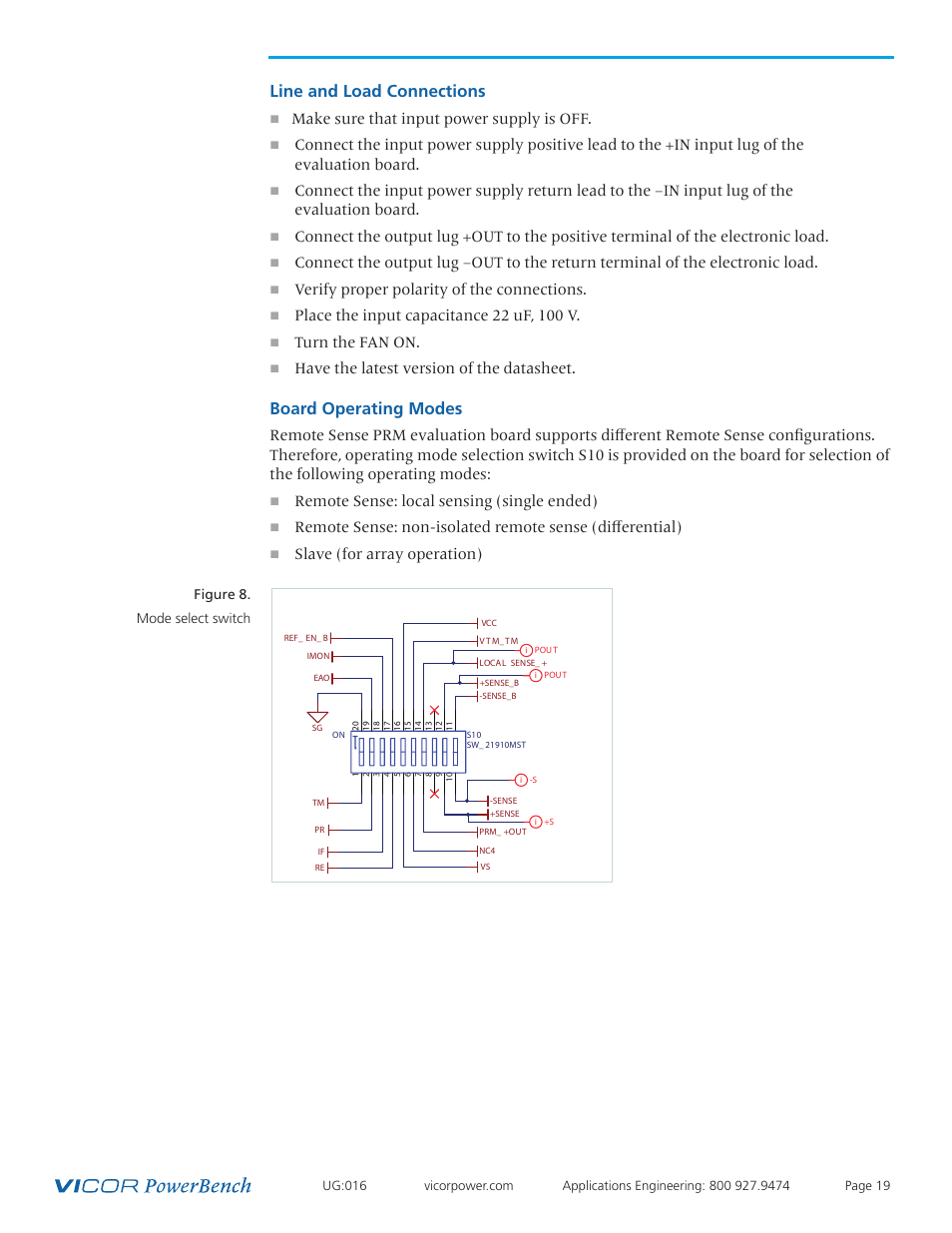 Board operating modes, Line and load connections | Vicor VI Chip Remote Sense PRM Evaluation Board User Manual | Page 19 / 25