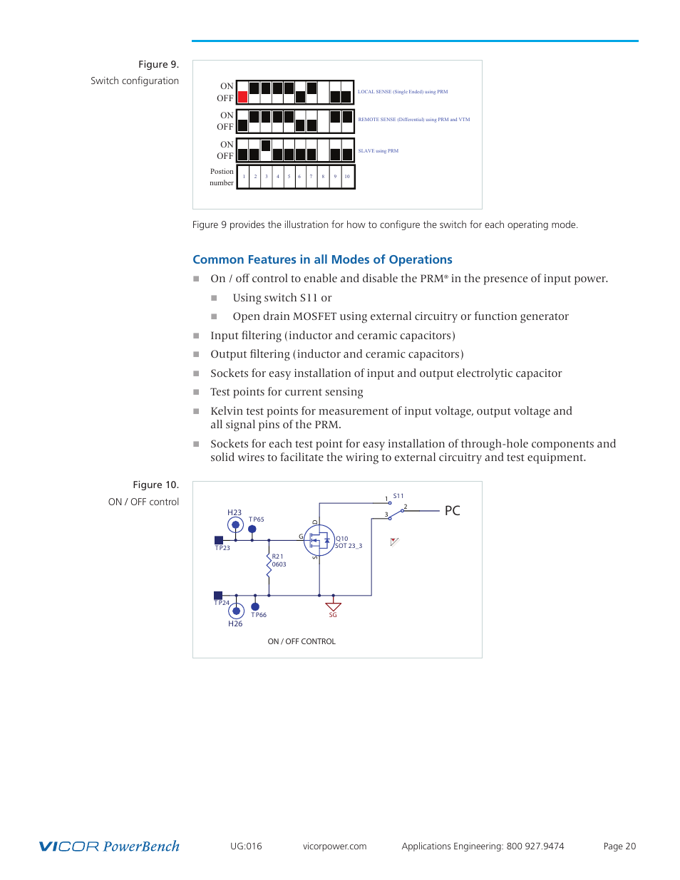 Common features, Common features in all modes of operations, On / off control to enable and disable the prm | Using switch s11 or, Input filtering (inductor and ceramic capacitors), Output filtering (inductor and ceramic capacitors), Test points for current sensing | Vicor VI Chip Remote Sense PRM Evaluation Board User Manual | Page 20 / 25