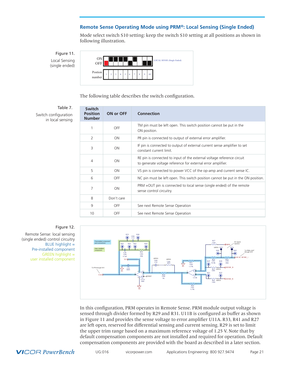 Remote sense operating mode using prm, Local sensing (single ended), Switch | Position on or off connection number, Table 7. switch configuration in local sensing | Vicor VI Chip Remote Sense PRM Evaluation Board User Manual | Page 21 / 25