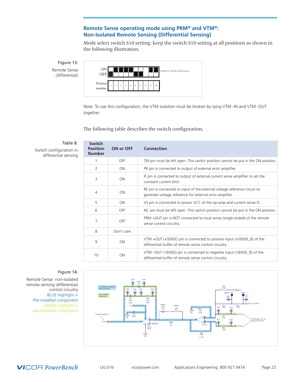 Remote sense, Operating mode: prm, Remote sense operating mode using prm | And vtm, Non-isolated remote sensing (differential sensing), Switch, Position on or off connection number | Vicor VI Chip Remote Sense PRM Evaluation Board User Manual | Page 22 / 25