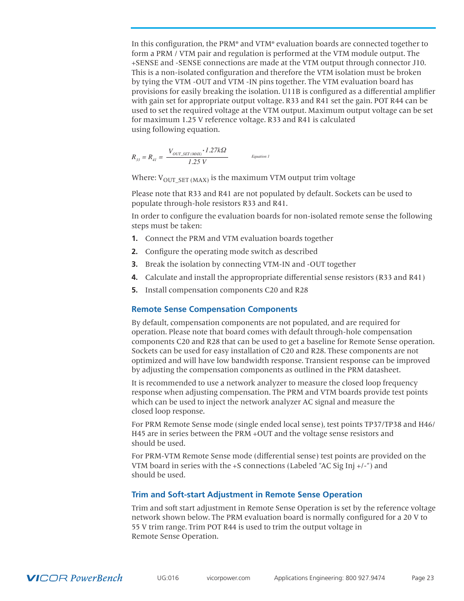 Remote sense compensation components | Vicor VI Chip Remote Sense PRM Evaluation Board User Manual | Page 23 / 25