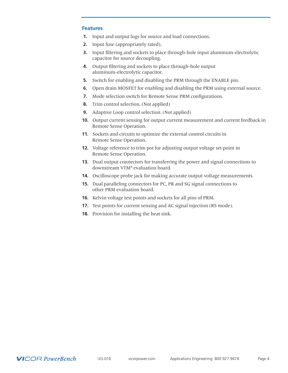 Considerations for, Contents 3, Features 4 | Vicor VI Chip Remote Sense PRM Evaluation Board User Manual | Page 4 / 25