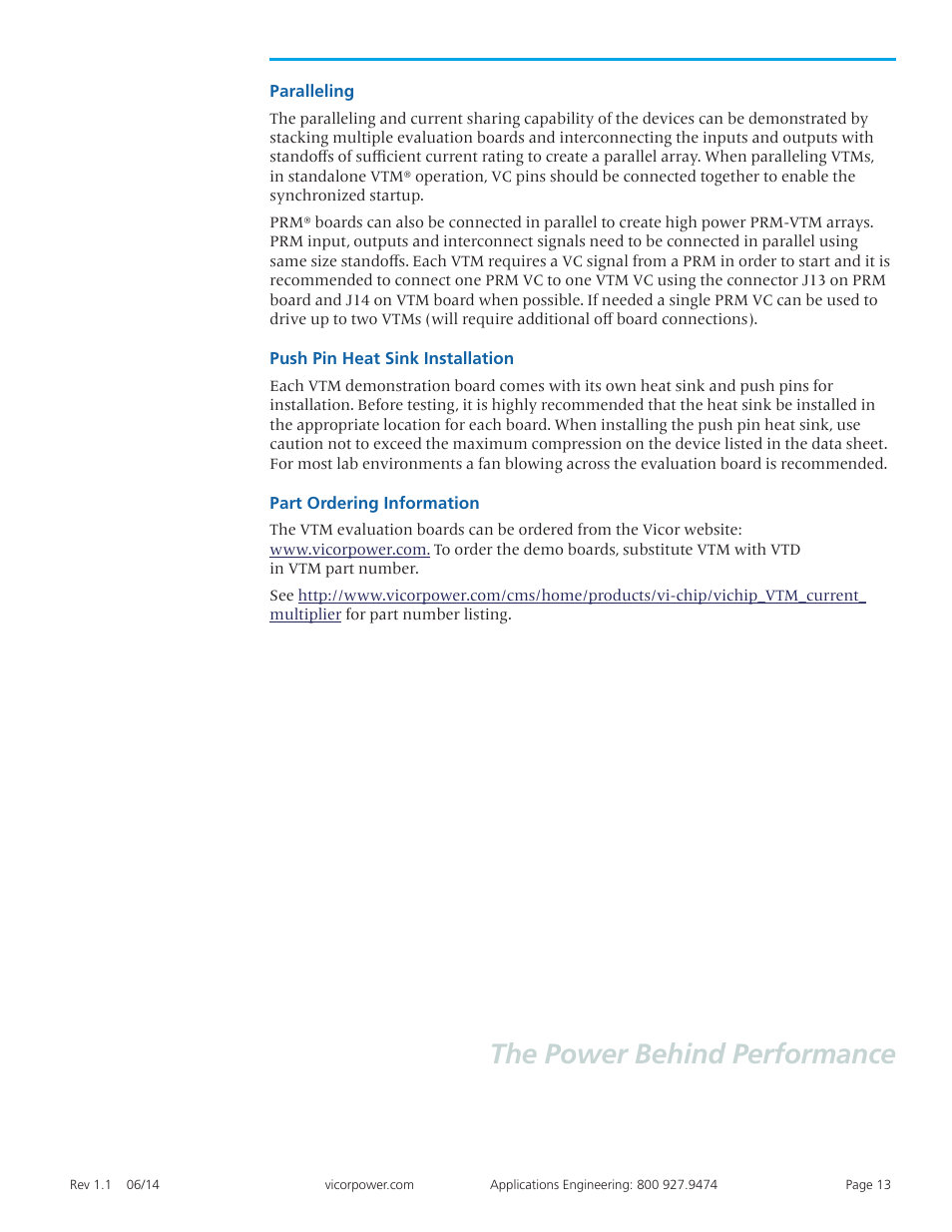 Paralleling 13, Push pin heat sink, Installation | Part ordering information 13, The power behind performance | Vicor VI Chip VTM Evaluation Board User Manual | Page 13 / 13