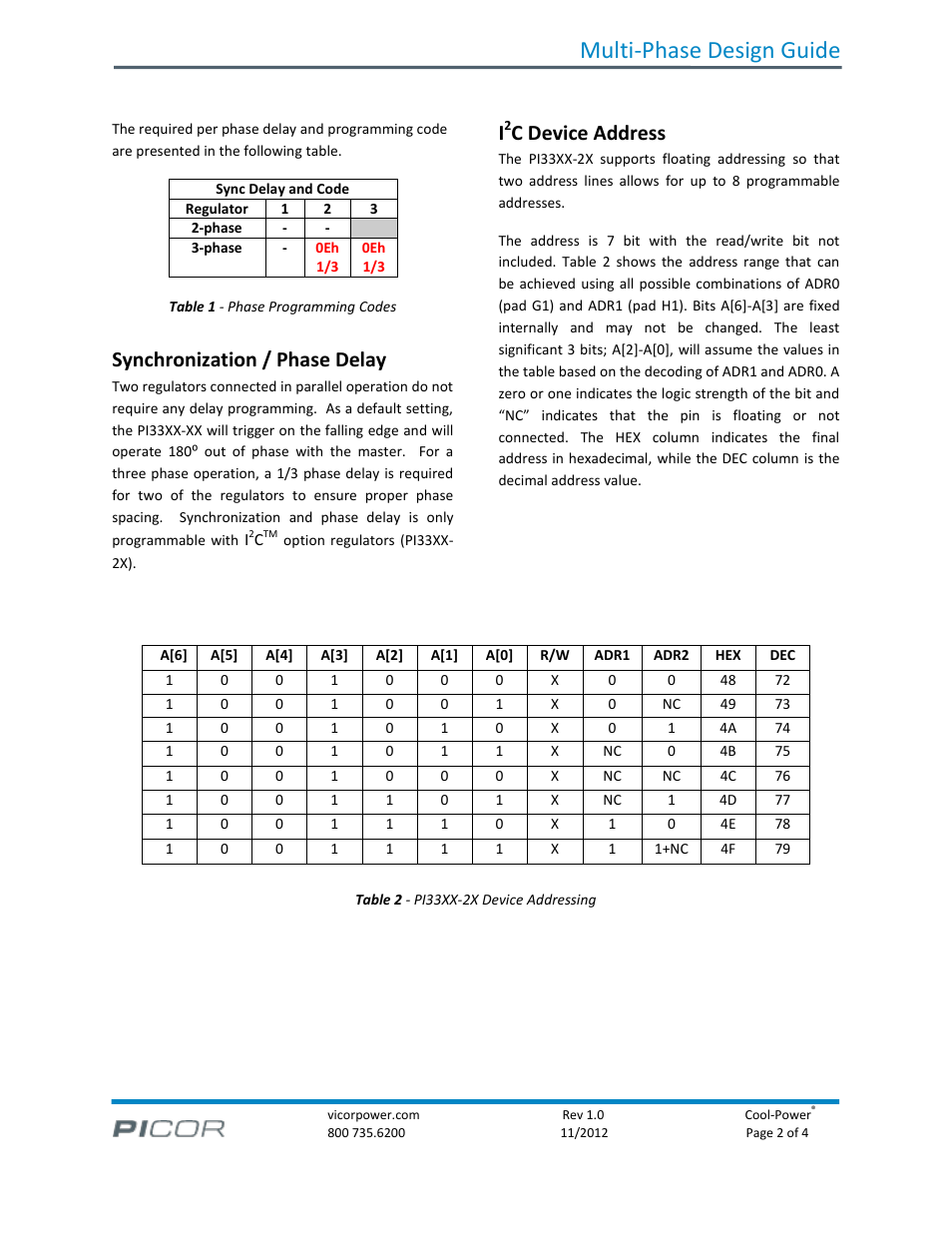 Multi-phase design guide, Synchronization / phase delay, C device address | Vicor PI33XX-XX Multi-Phase Design Guide User Manual | Page 2 / 4