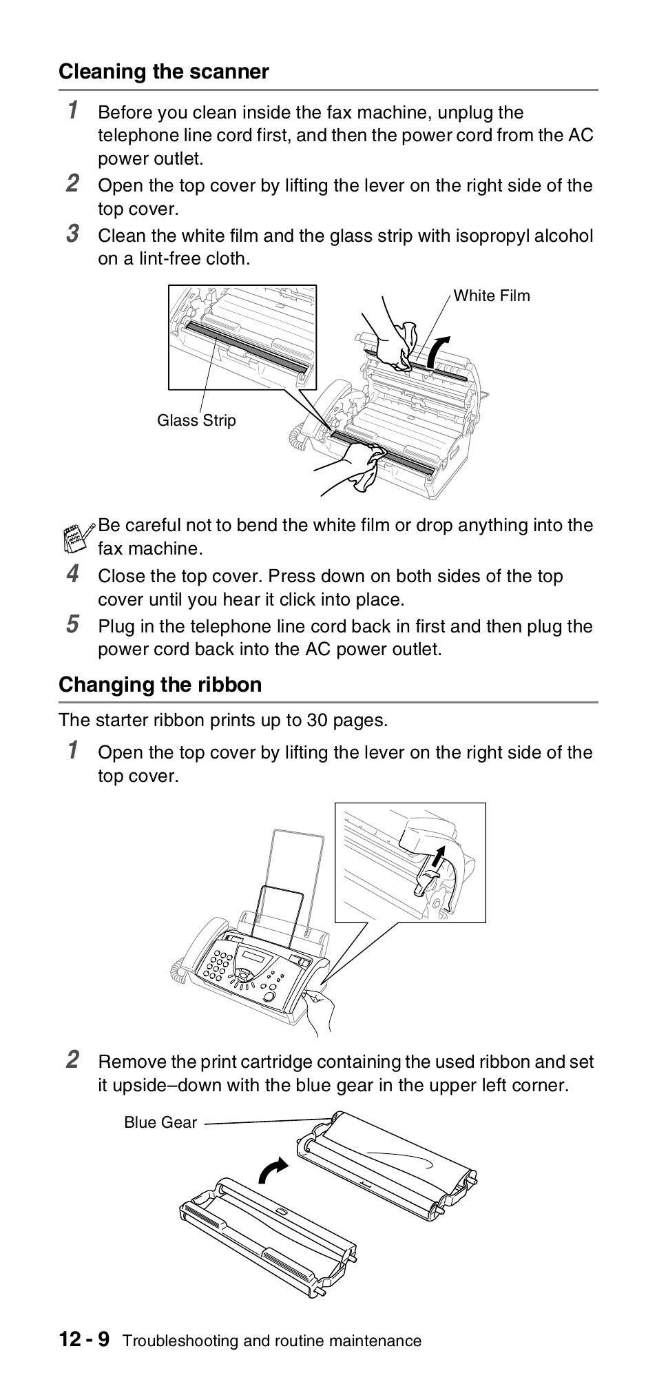 Cleaning the scanner, Changing the ribbon, Cleaning the scanner -9 changing the ribbon -9 | Brother FAX-575 User Manual | Page 100 / 114