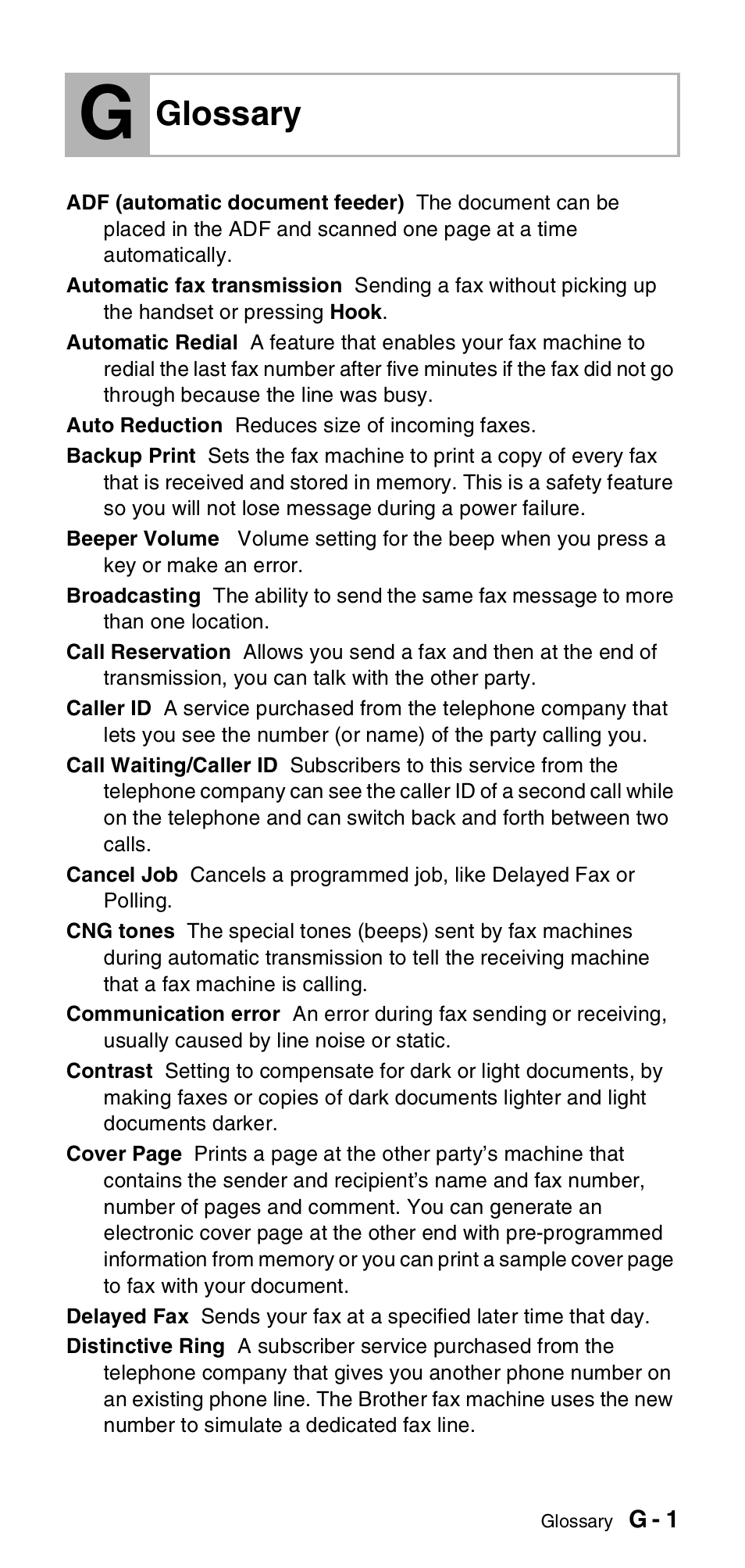 Glossary | Brother FAX-575 User Manual | Page 103 / 114