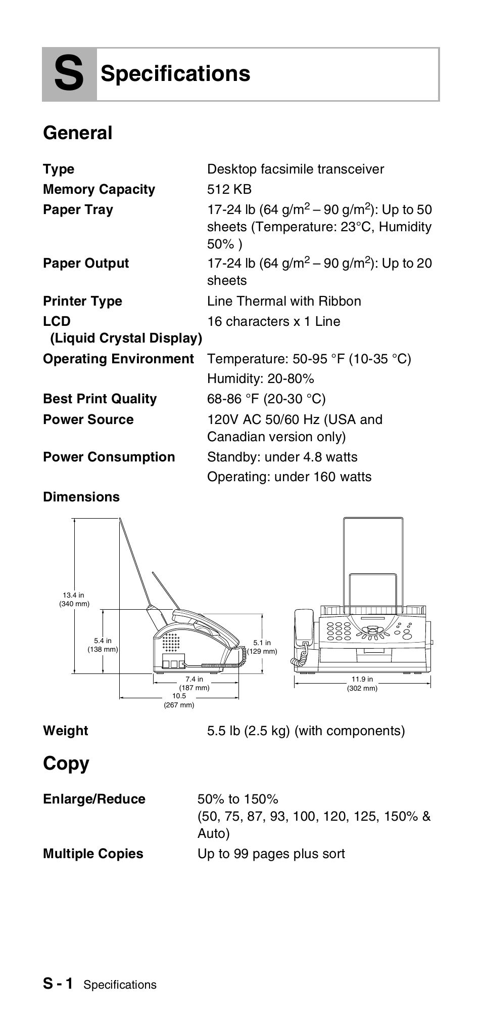 Specifications, General, Copy | General copy, S - 1 | Brother FAX-575 User Manual | Page 106 / 114