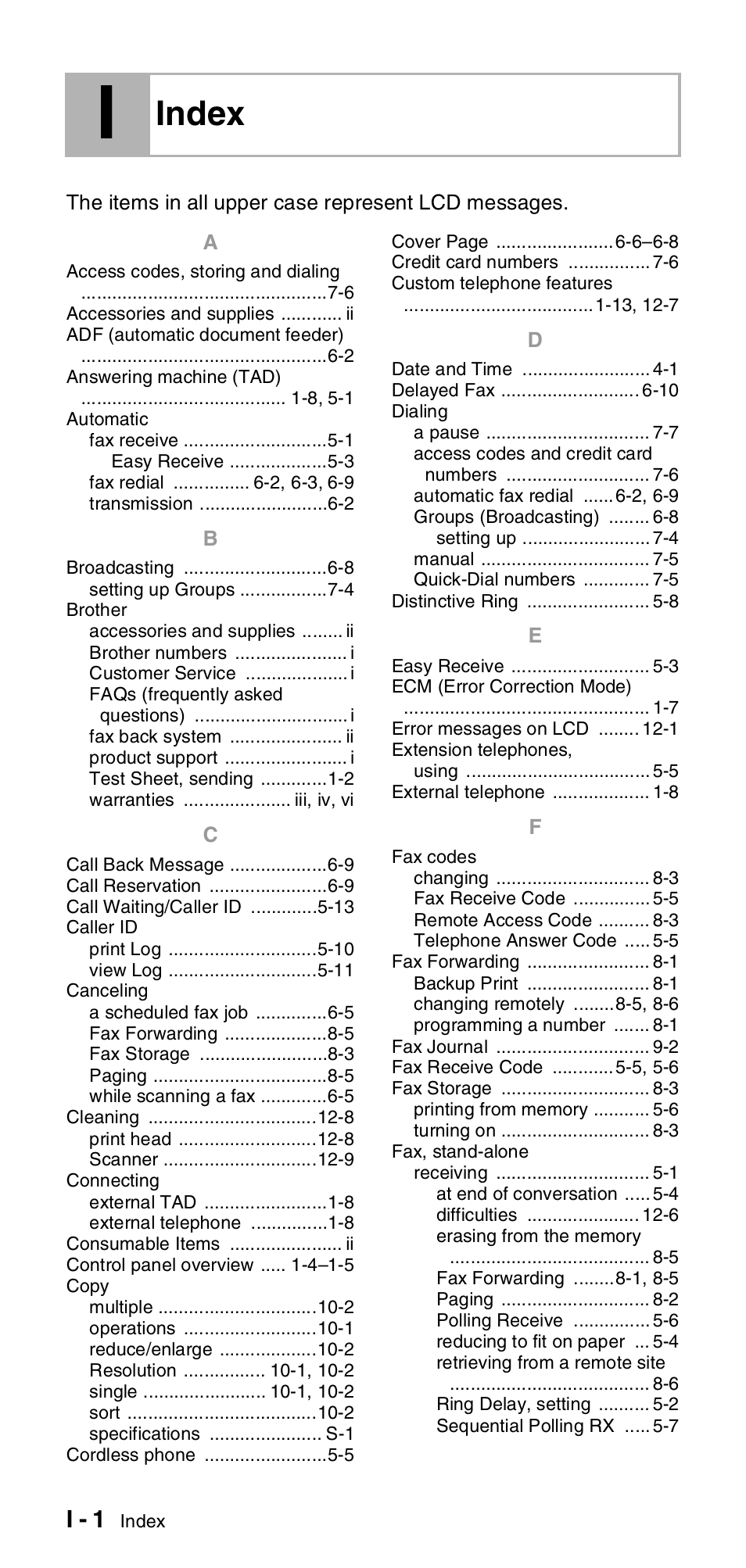 Index, I - 1 | Brother FAX-575 User Manual | Page 108 / 114