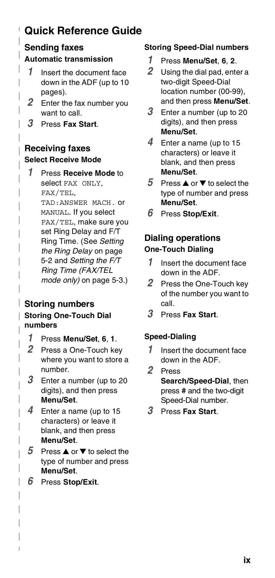 Quick reference guide | Brother FAX-575 User Manual | Page 11 / 114