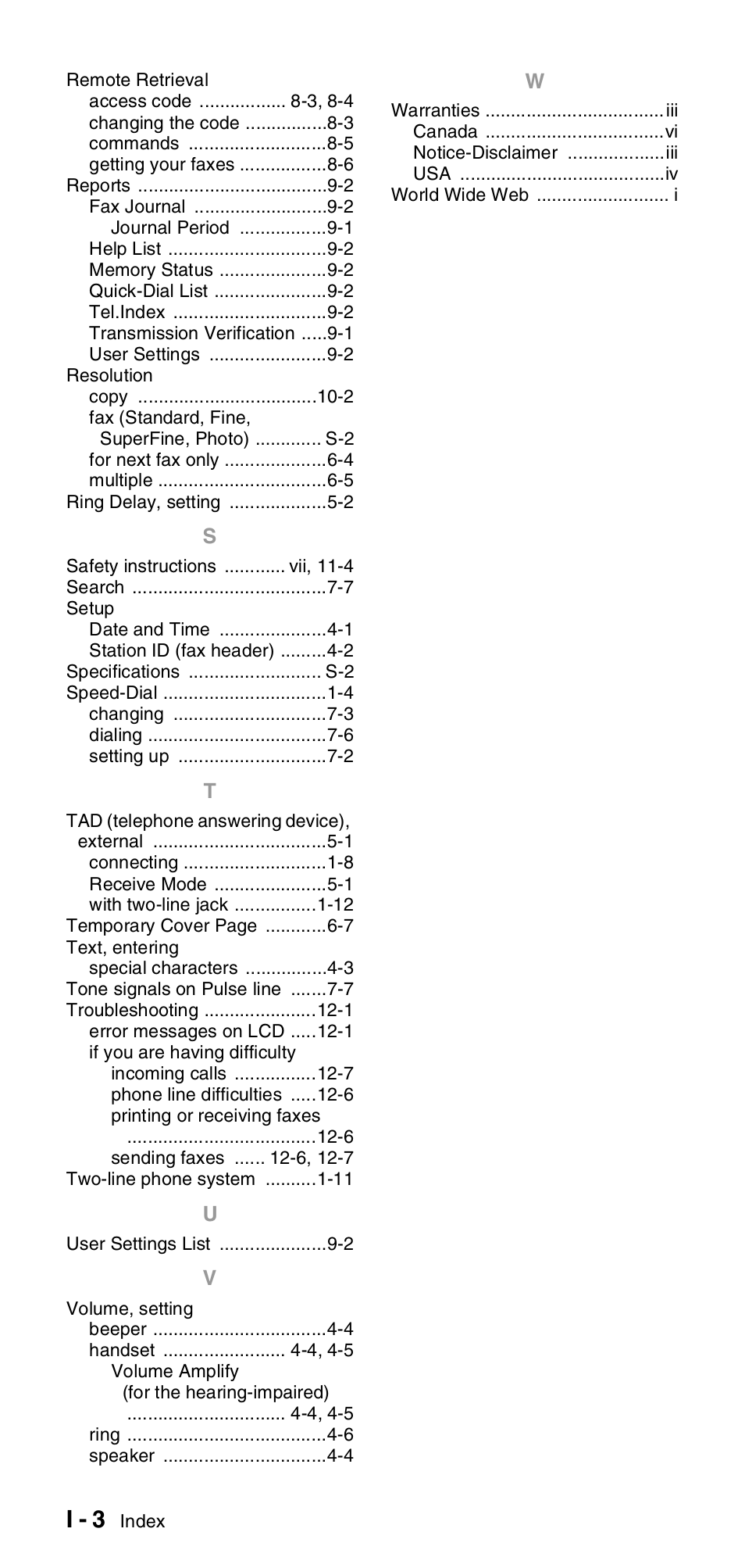 I - 3 | Brother FAX-575 User Manual | Page 110 / 114