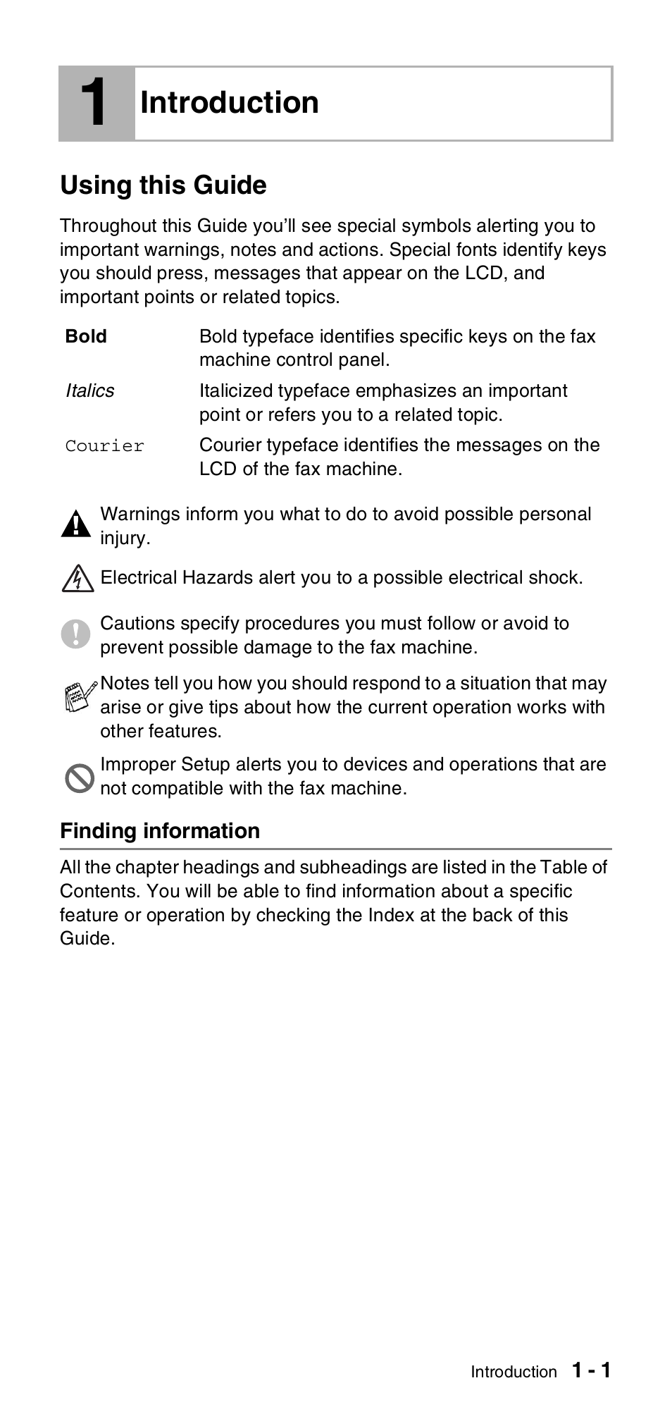 1 introduction, Using this guide, Finding information | Introduction, Using this guide -1, Finding information -1 | Brother FAX-575 User Manual | Page 17 / 114